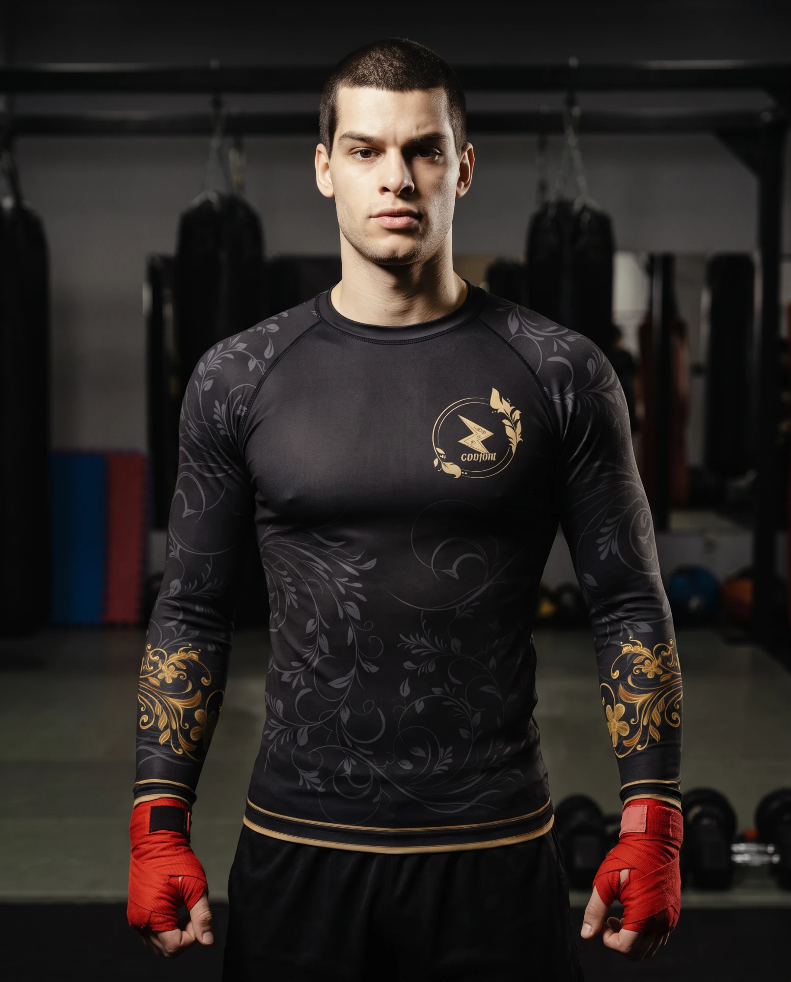 Long sleeve rashguard – Gold, worn by a fighter in a gym