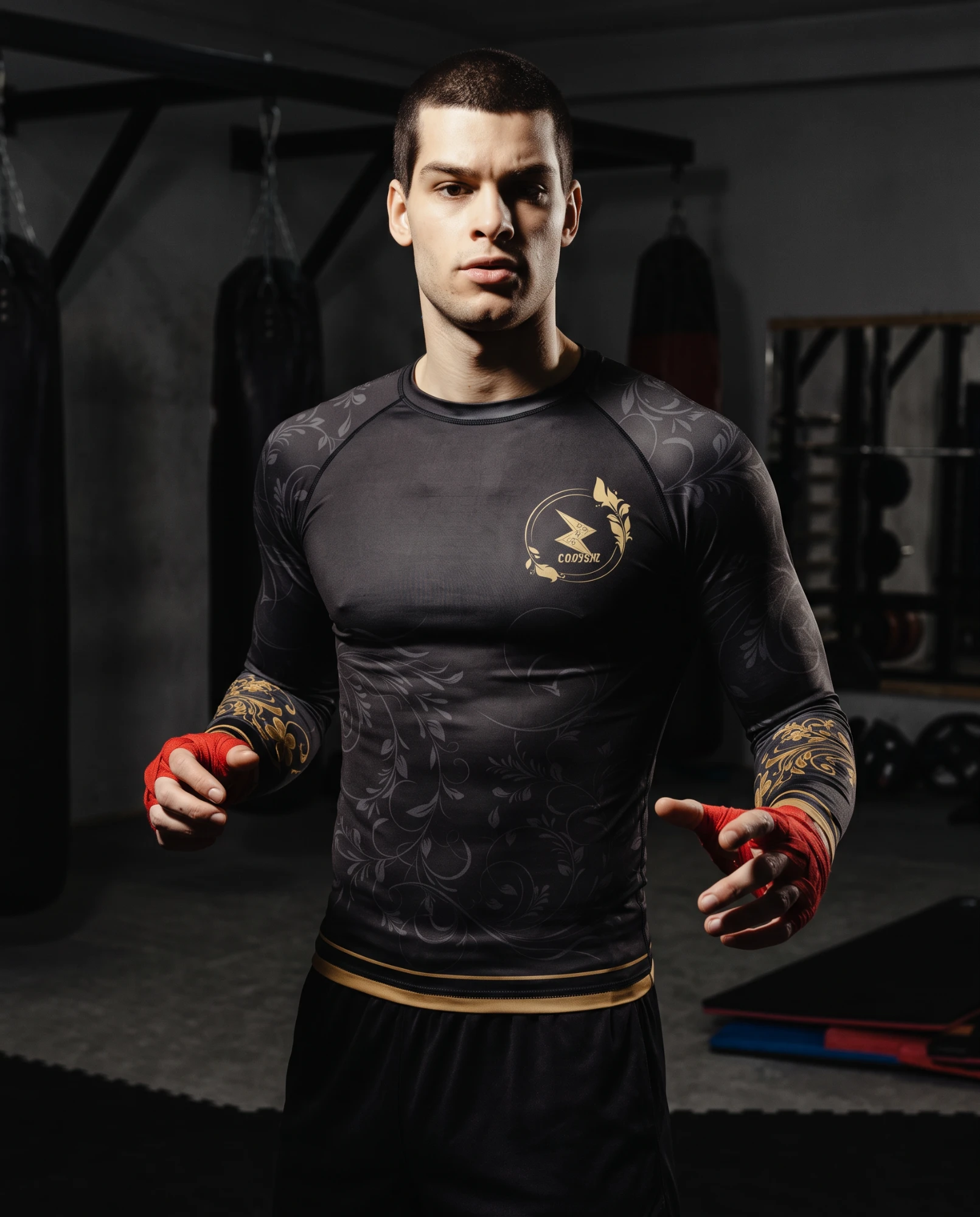 Long sleeve rashguard – Gold, fighter in stance