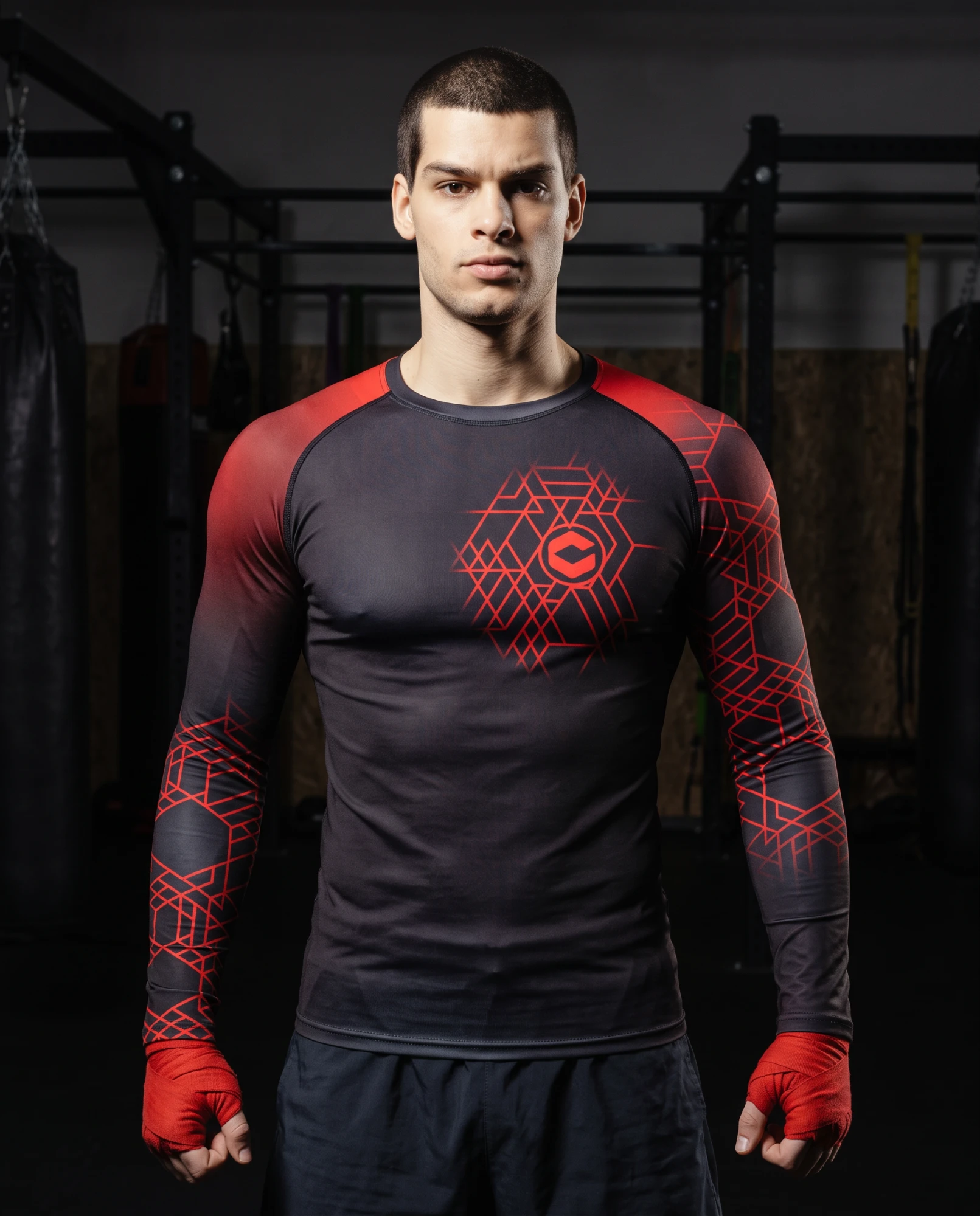 Long sleeve rashguard – Red, worn by a fighter in a gym