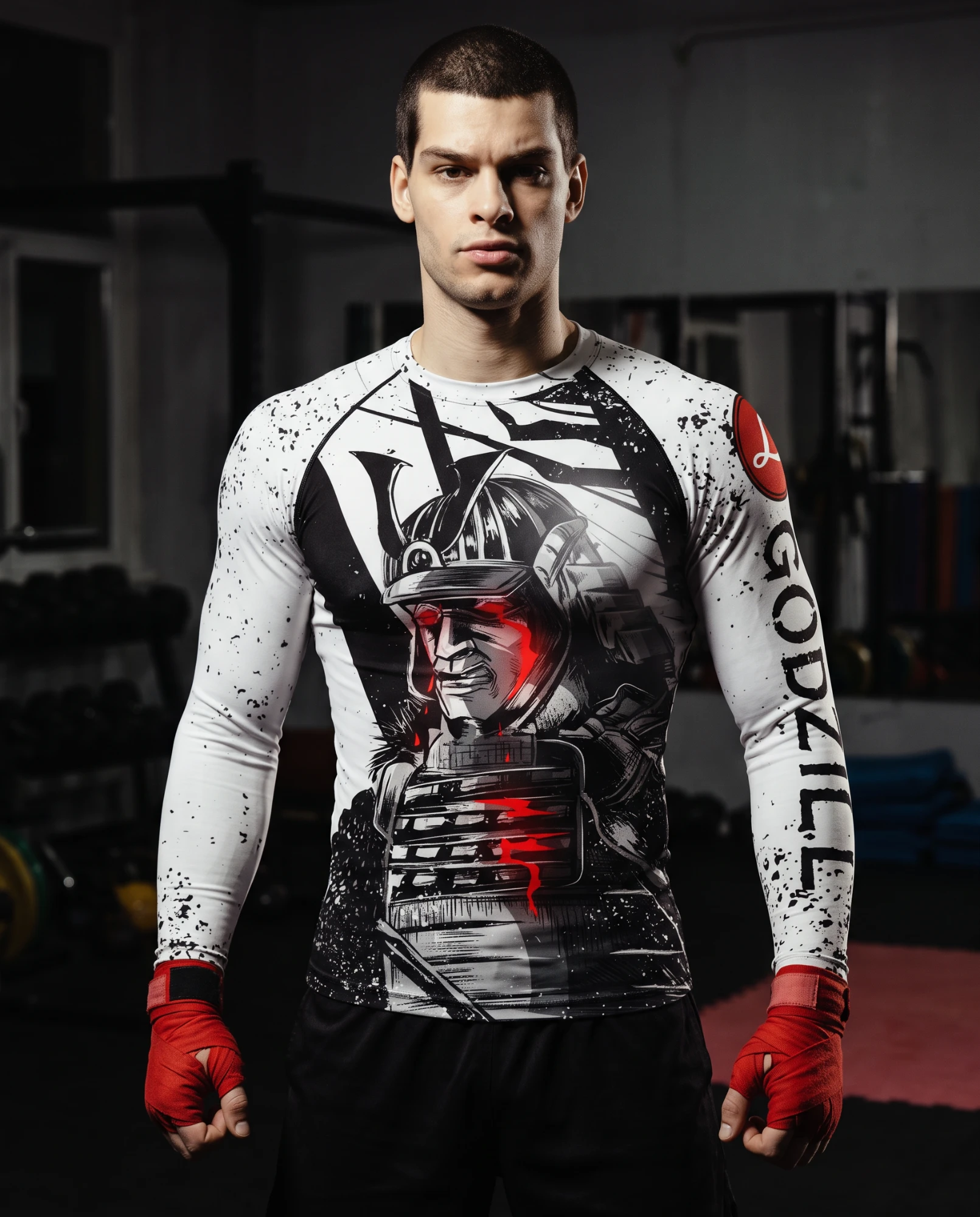 Long sleeve rashguard – Samurai print, worn by a fighter in a gym